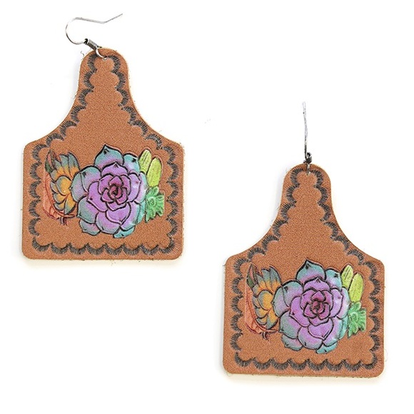 Floral cow tag earrings - Picture 1 of 2
